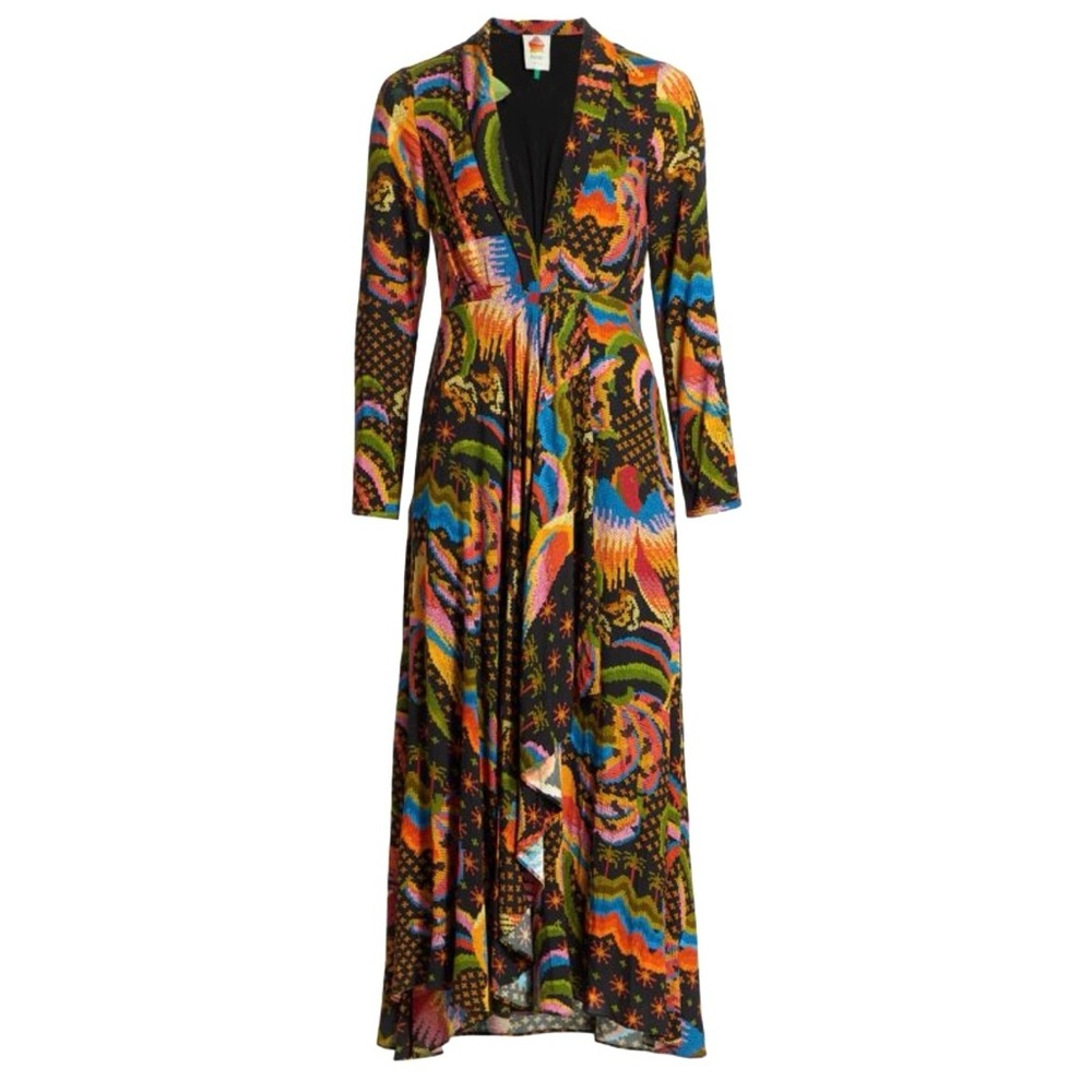 Farm Rio Macaw Island Maxi Midi Dress Small Black 70s Parrot Tropical